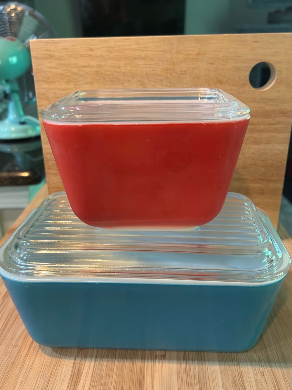 Vintage PYREX Glass Refrigerator Dishes - Red and Teal/Aqua Set
